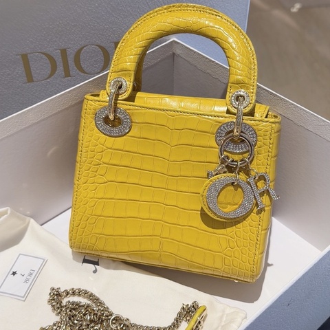 Dior mini 黛妃 鱷魚皮 招財黃 19年序號 金扣 滿鑽 附鍊條肩帶 內裡乾淨