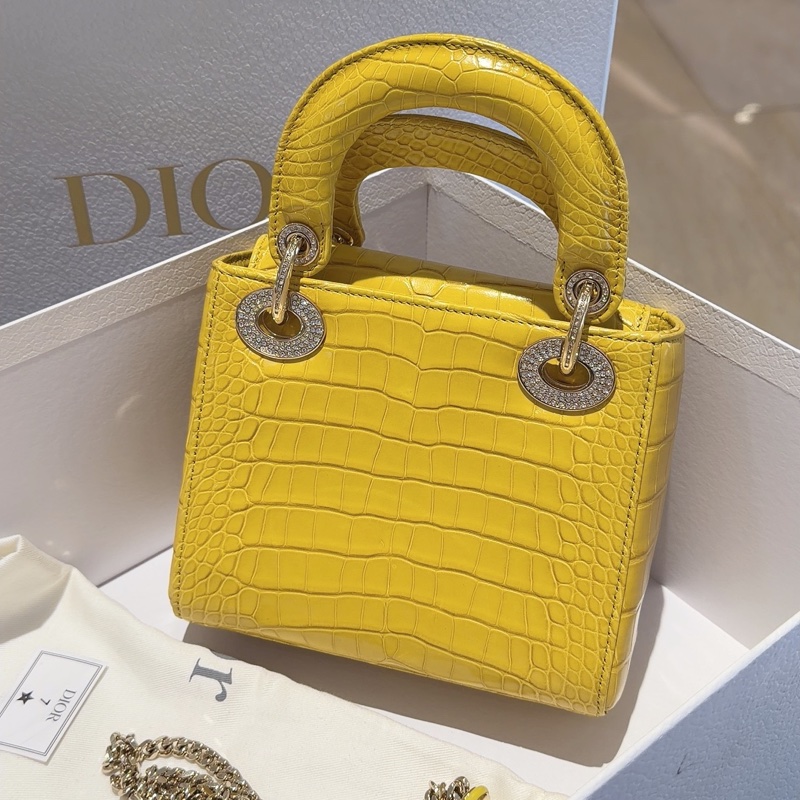 Dior mini 黛妃 鱷魚皮 招財黃 19年序號 金扣 滿鑽 附鍊條肩帶 內裡乾淨-1