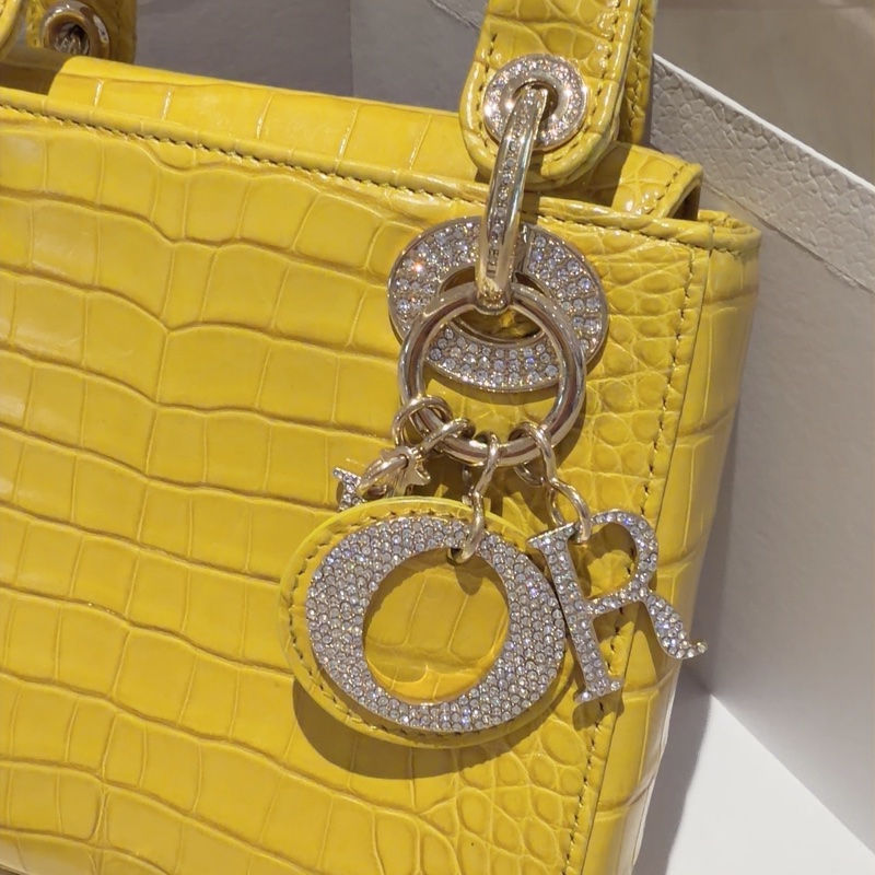 Dior mini 黛妃 鱷魚皮 招財黃 19年序號 金扣 滿鑽 附鍊條肩帶 內裡乾淨-2