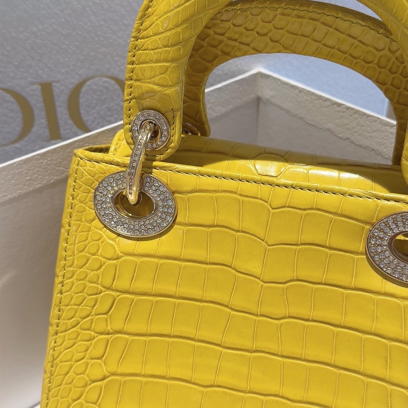 Dior mini 黛妃 鱷魚皮 招財黃 19年序號 金扣 滿鑽 附鍊條肩帶 內裡乾淨-3
