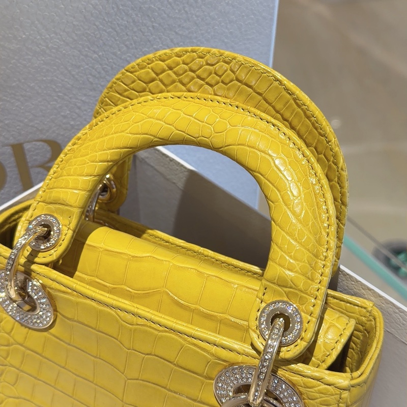 Dior mini 黛妃 鱷魚皮 招財黃 19年序號 金扣 滿鑽 附鍊條肩帶 內裡乾淨-4