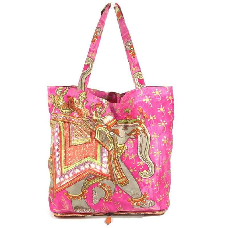 愛馬仕 Hermes 環保可折疊絲滑大像印花手提包單肩包真皮絲綢男女橙色-1