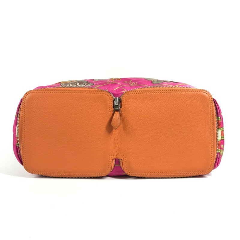 愛馬仕 Hermes 環保可折疊絲滑大像印花手提包單肩包真皮絲綢男女橙色-4