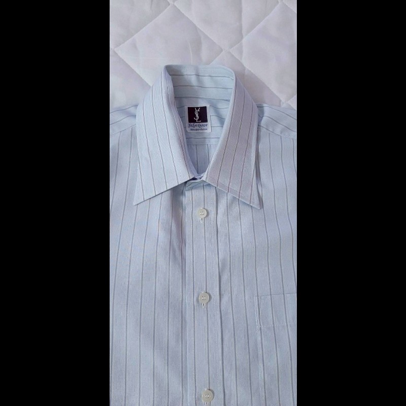 日本購入YSL YVES SAINT LAURENT 聖羅蘭 男淺藍條紋長袖襯衫M-2