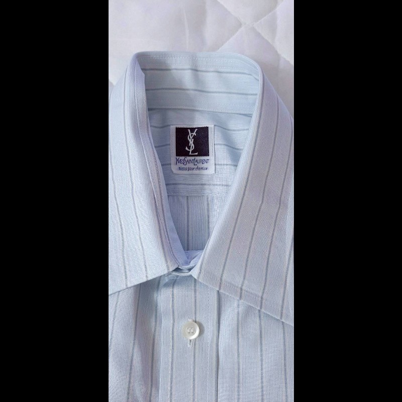 日本購入YSL YVES SAINT LAURENT 聖羅蘭 男淺藍條紋長袖襯衫M-6
