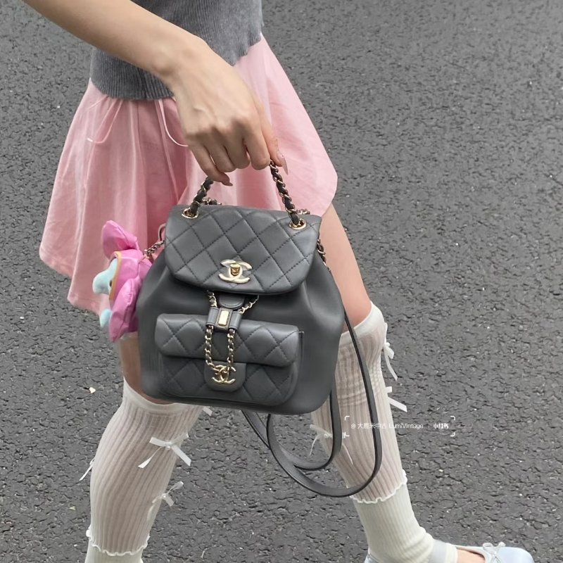 CHANEL Duma小羊皮後背包 - 小號深灰金-15