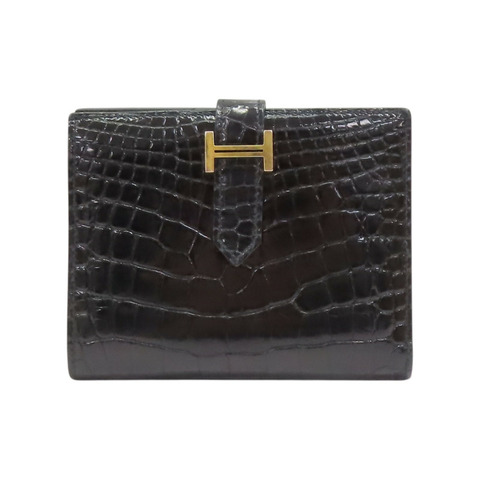 黑色 鱷魚皮 Bearn Compact 兩折短夾 Z刻 金扣【HERMES 愛馬仕】 H039786CC