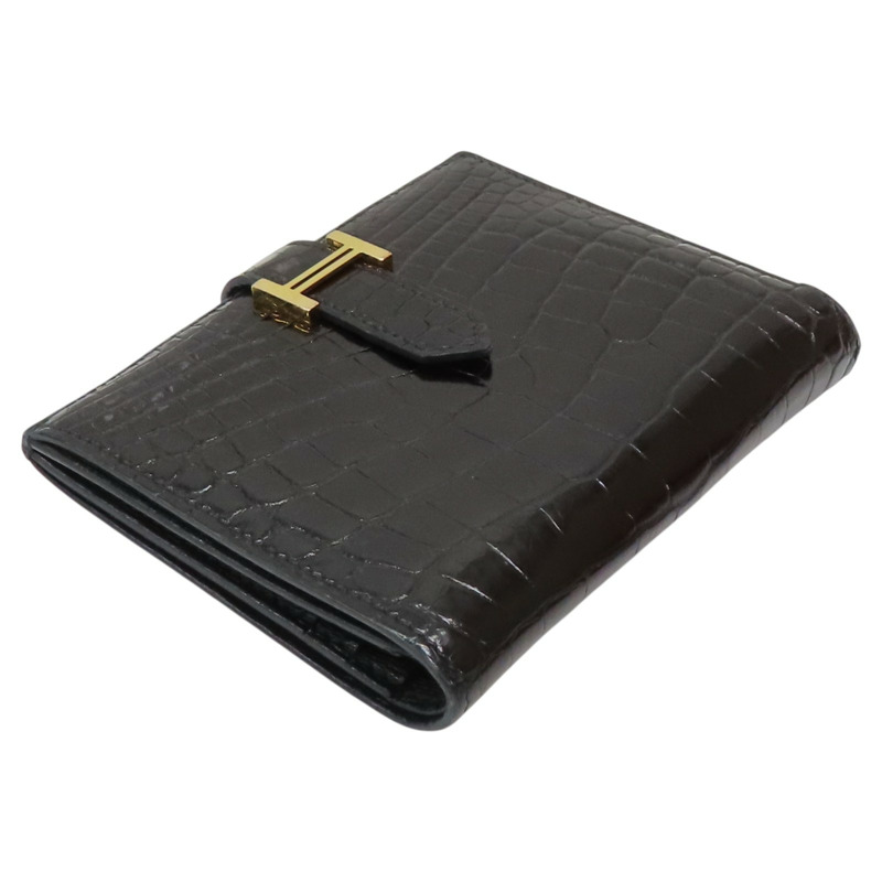 黑色 鱷魚皮 Bearn Compact 兩折短夾 Z刻 金扣【HERMES 愛馬仕】 H039786CC-2