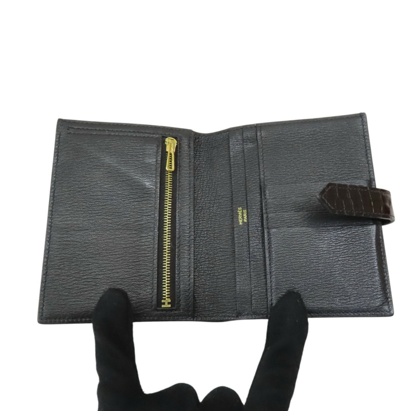 黑色 鱷魚皮 Bearn Compact 兩折短夾 Z刻 金扣【HERMES 愛馬仕】 H039786CC-4