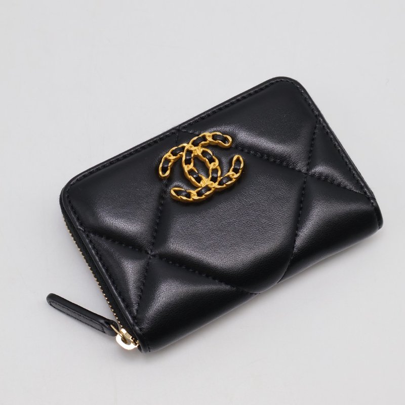 CHANEL 19 24C羊皮拉鍊零錢包 - 黑金-0