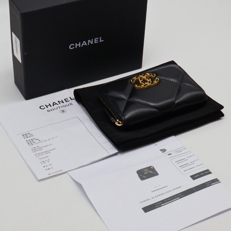 CHANEL 19 24C羊皮拉鍊零錢包 - 黑金-15