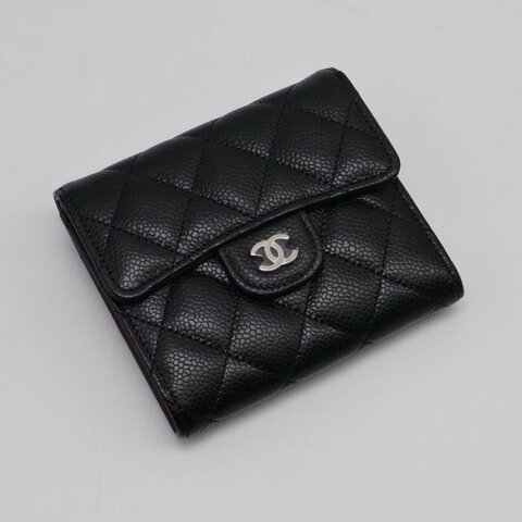 CHANEL 經典口蓋三折短夾 - 黑銀