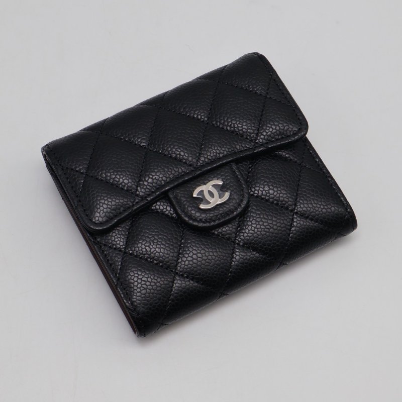 CHANEL 經典口蓋三折短夾 - 黑銀-0