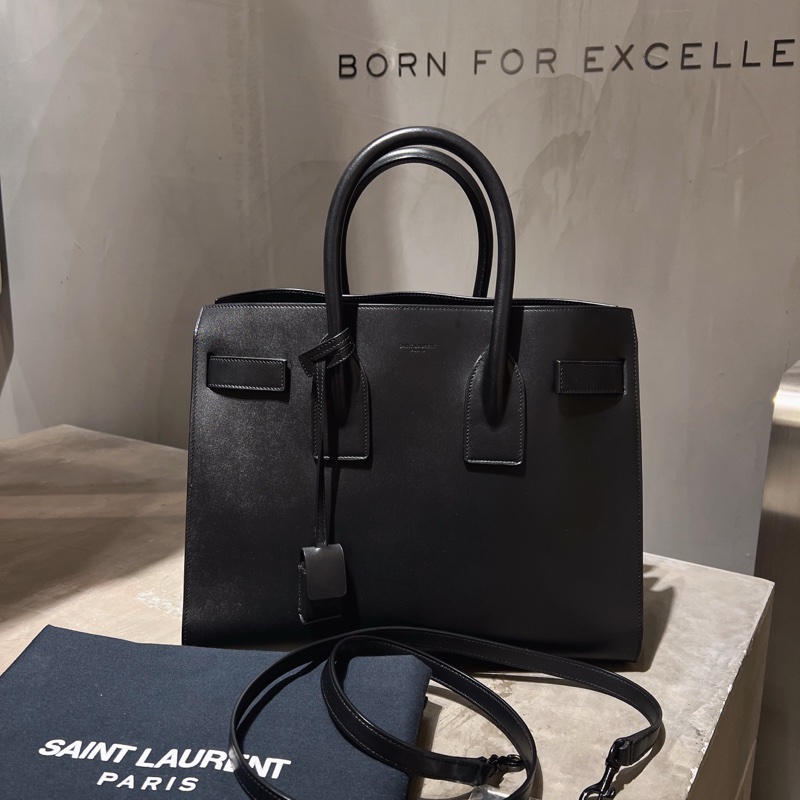 YSL風琴包 黑色 全皮公事包 可手提可斜背 附件：鎖、鑰匙、背帶、皮牌、防塵袋-0