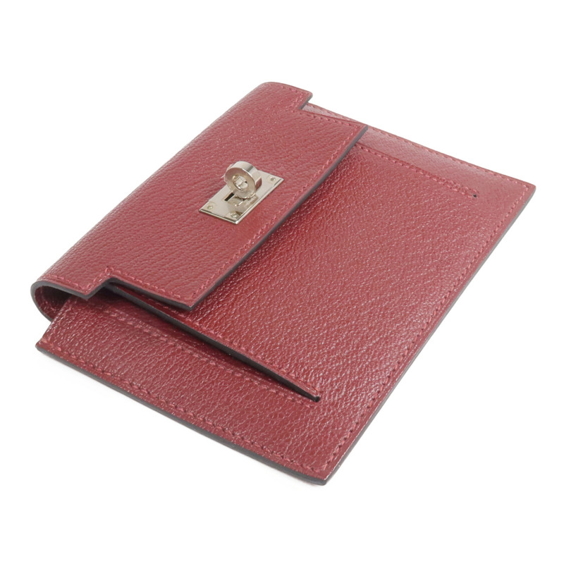 HERMES Chevre皮革Kelly Pocket Compact Wallet銀扣錢包Rouge H-3