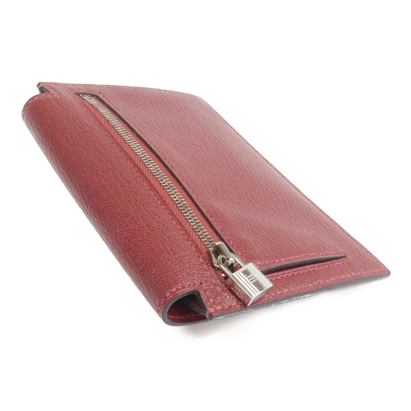 HERMES Chevre皮革Kelly Pocket Compact Wallet銀扣錢包Rouge H-4