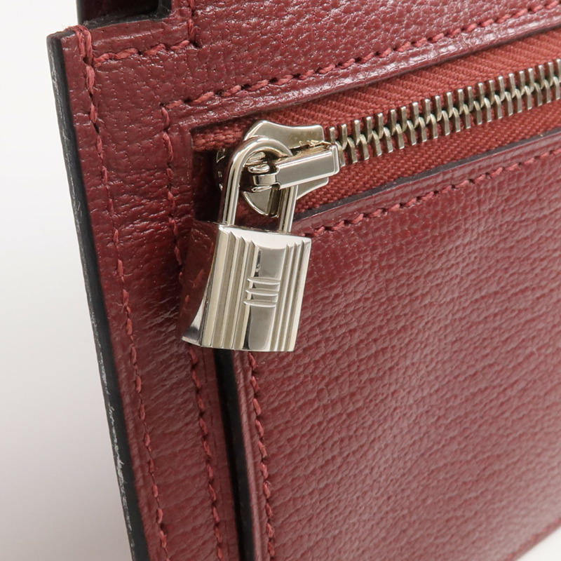 HERMES Chevre皮革Kelly Pocket Compact Wallet銀扣錢包Rouge H-11
