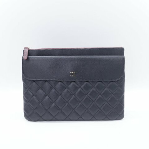 Chanel 香奈兒 黑色菱格紋 羊皮 中款 雙層 吸釦 拉鍊 手拿包