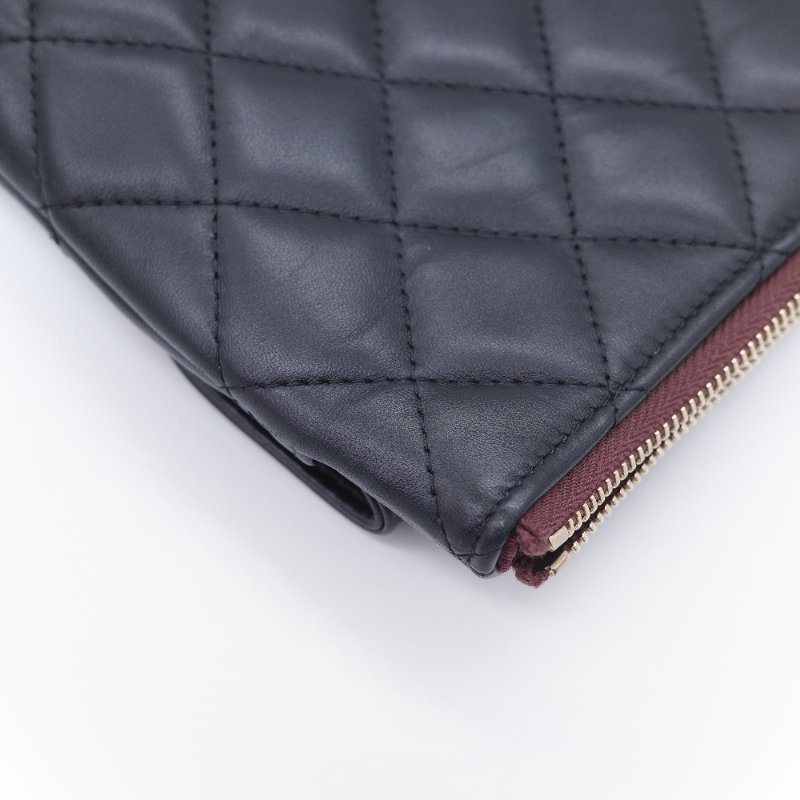 Chanel 香奈兒 黑色菱格紋 羊皮 中款 雙層 吸釦 拉鍊 手拿包-7