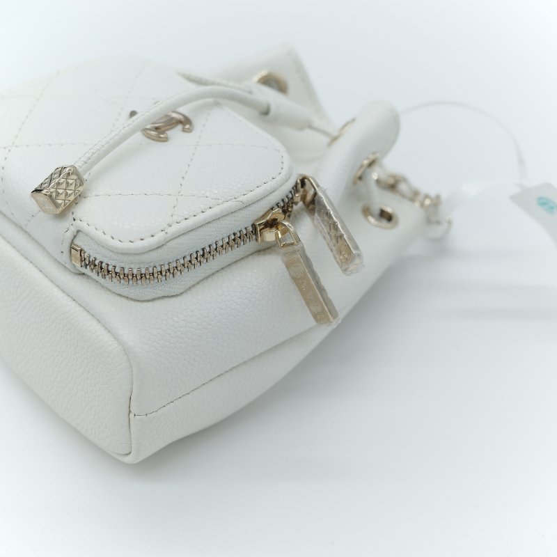 22SS Chanel 香奈兒 經典菱格紋 白色 荔枝紋小牛皮 抽繩水桶包-7