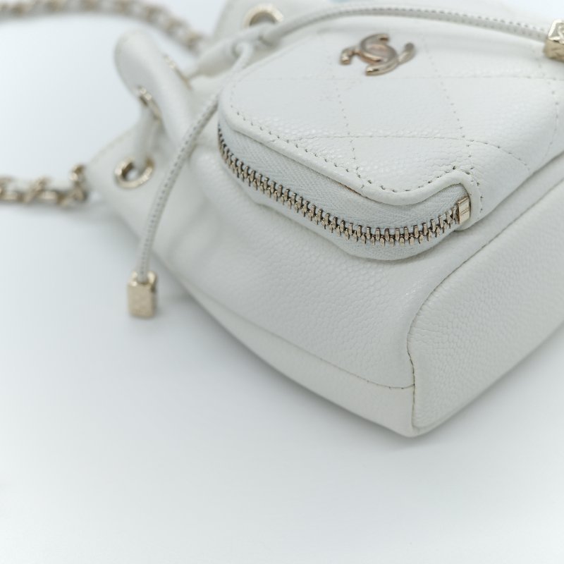 22SS Chanel 香奈兒 經典菱格紋 白色 荔枝紋小牛皮 抽繩水桶包-8