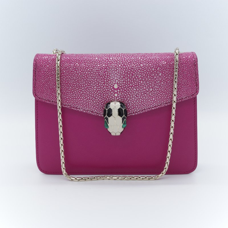 (珍稀皮✨專櫃12萬) BVLGARI 寶格麗 Serpenti Forever系列 桃紅色 珍珠魚皮 牛皮 鏈條包 單肩包 斜挎包-1