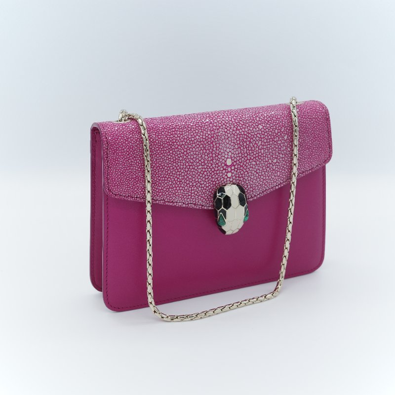 (珍稀皮✨專櫃12萬) BVLGARI 寶格麗 Serpenti Forever系列 桃紅色 珍珠魚皮 牛皮 鏈條包 單肩包 斜挎包-2