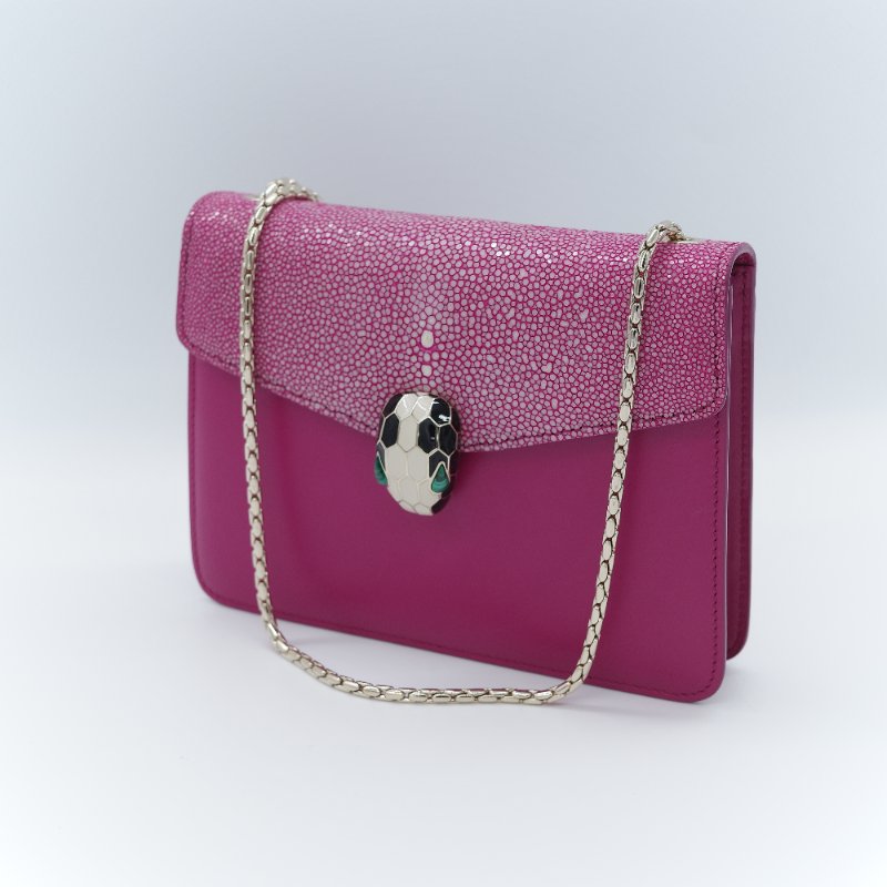 (珍稀皮✨專櫃12萬) BVLGARI 寶格麗 Serpenti Forever系列 桃紅色 珍珠魚皮 牛皮 鏈條包 單肩包 斜挎包-3