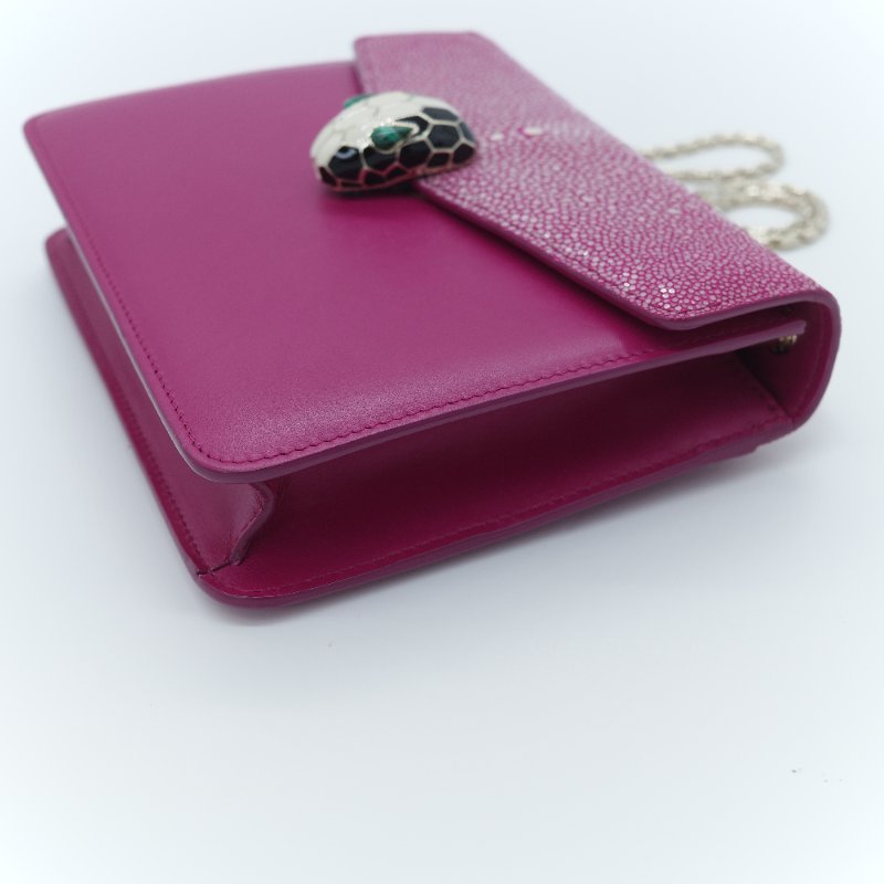 (珍稀皮✨專櫃12萬) BVLGARI 寶格麗 Serpenti Forever系列 桃紅色 珍珠魚皮 牛皮 鏈條包 單肩包 斜挎包-5