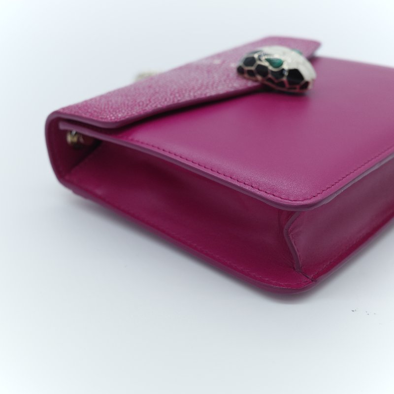 (珍稀皮✨專櫃12萬) BVLGARI 寶格麗 Serpenti Forever系列 桃紅色 珍珠魚皮 牛皮 鏈條包 單肩包 斜挎包-6