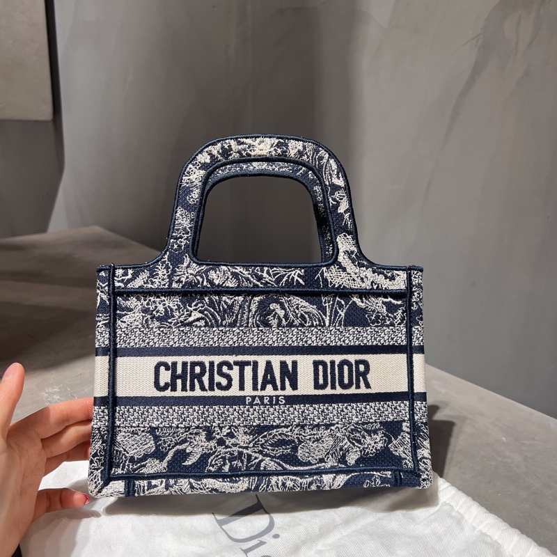 迪奧/Dior BookTote 刺繡老花 托特包 手提mini 藍色 20年編碼 底長23 閒置新-0