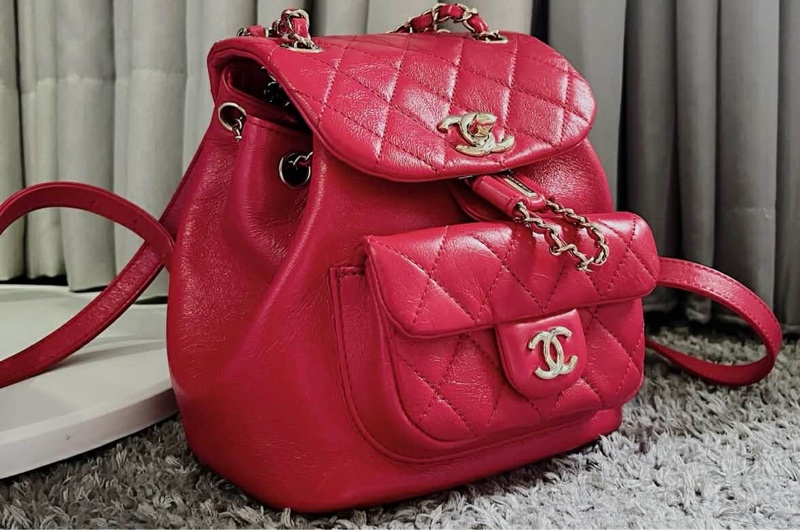 9.5極新 芯片版 Chanel Duma油蠟皮淡金釦雙肩後背包-0