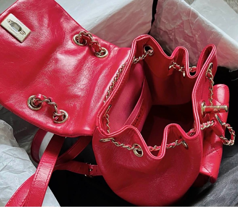 9.5極新 芯片版 Chanel Duma油蠟皮淡金釦雙肩後背包-2