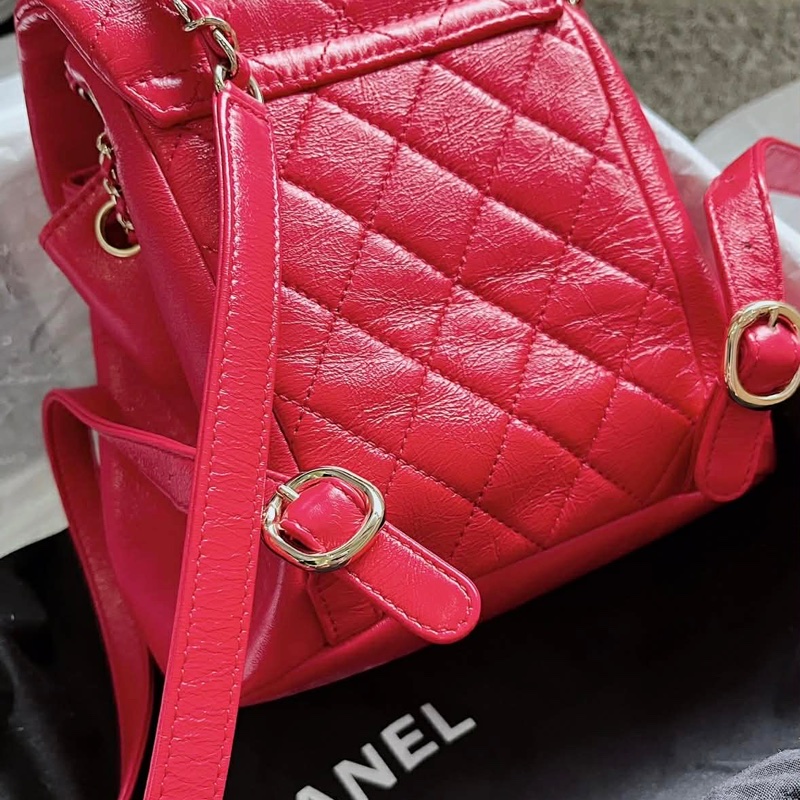 9.5極新 芯片版 Chanel Duma油蠟皮淡金釦雙肩後背包-4