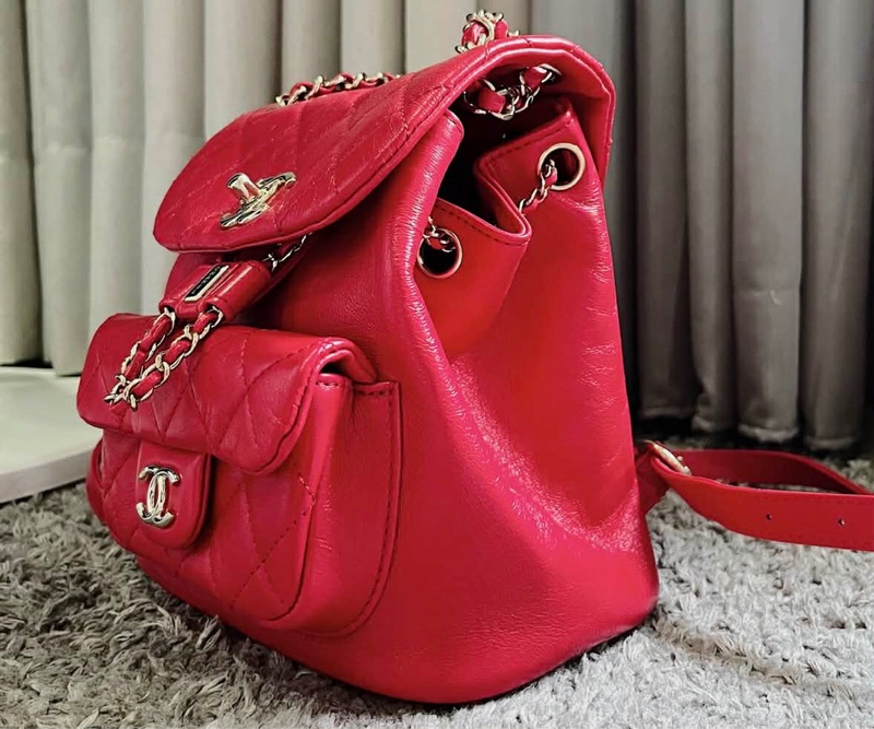 9.5極新 芯片版 Chanel Duma油蠟皮淡金釦雙肩後背包-6