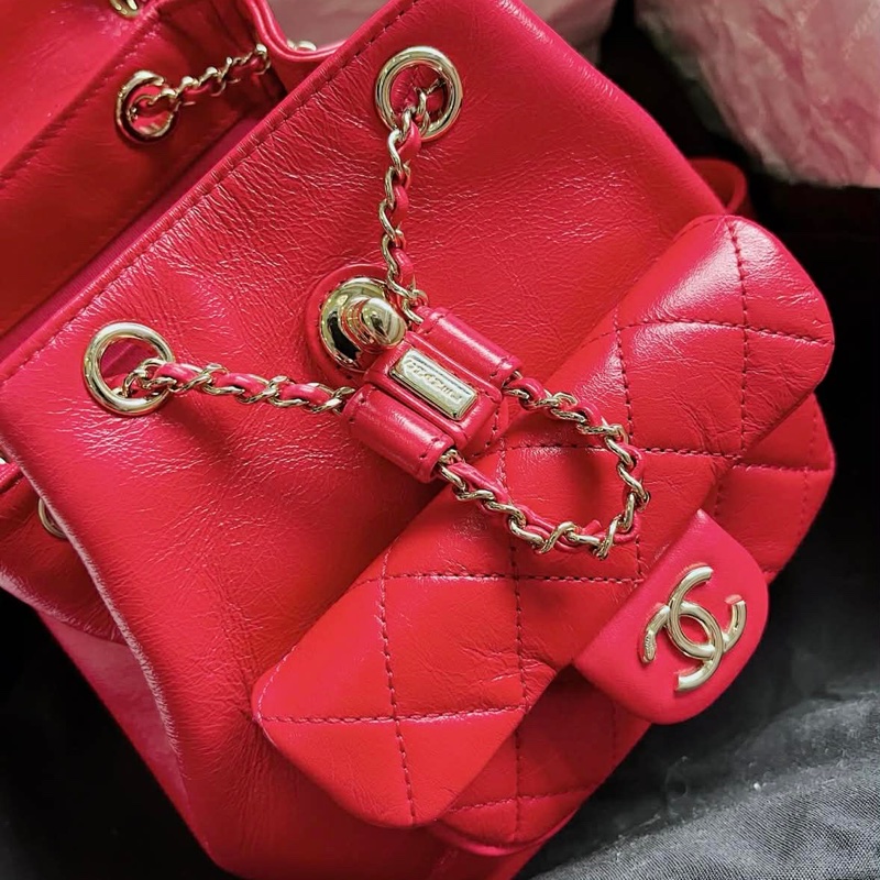 9.5極新 芯片版 Chanel Duma油蠟皮淡金釦雙肩後背包-12