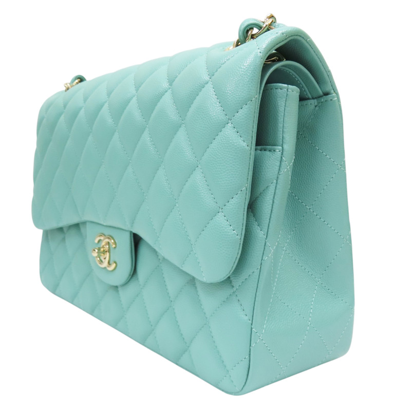 湖水綠 菱格紋 荔枝牛皮 JUMBO 30CM 肩背包【CHANEL 香奈兒】 A58600-2