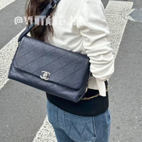 Chanel CF麻花辮機場包深藍色銀扣 荔枝皮28*18*10 98新配件塵袋 保卡