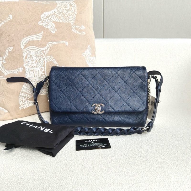 Chanel CF麻花辮機場包深藍色銀扣 荔枝皮28*18*10 98新配件塵袋 保卡-1
