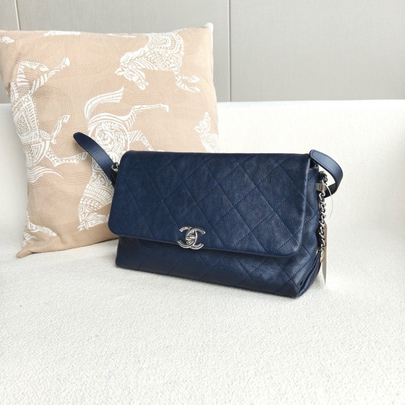 Chanel CF麻花辮機場包深藍色銀扣 荔枝皮28*18*10 98新配件塵袋 保卡-3