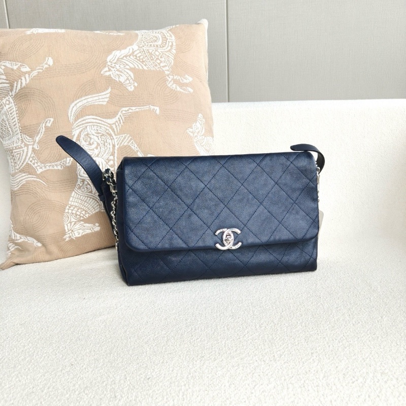 Chanel CF麻花辮機場包深藍色銀扣 荔枝皮28*18*10 98新配件塵袋 保卡-5