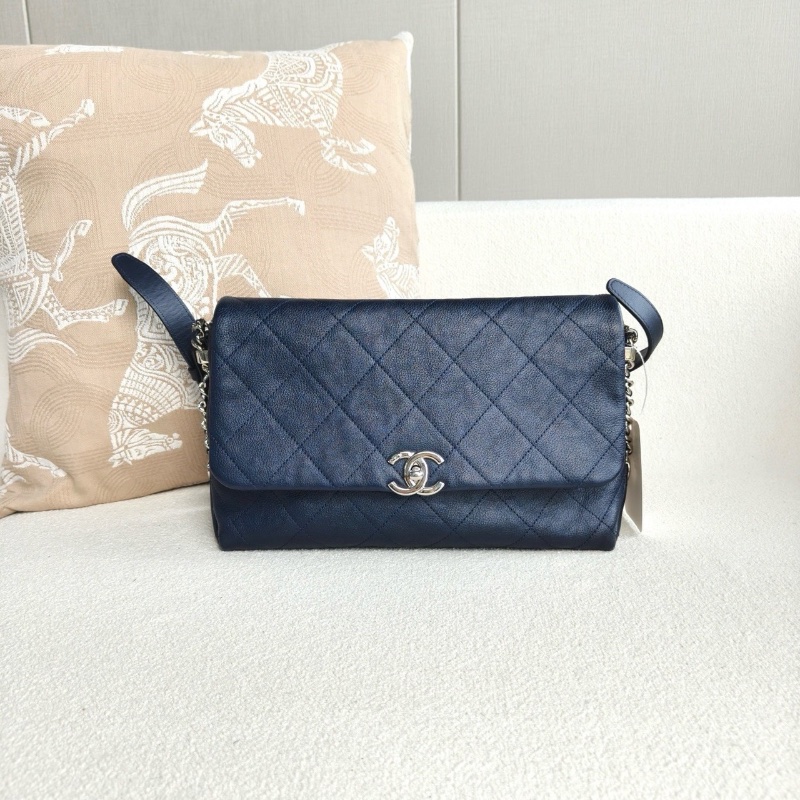 Chanel CF麻花辮機場包深藍色銀扣 荔枝皮28*18*10 98新配件塵袋 保卡-6