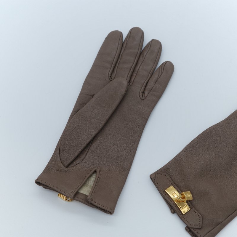 Hermès 愛馬仕 Soya 棕色亮面小羊皮金色凱莉飾扣手套-2