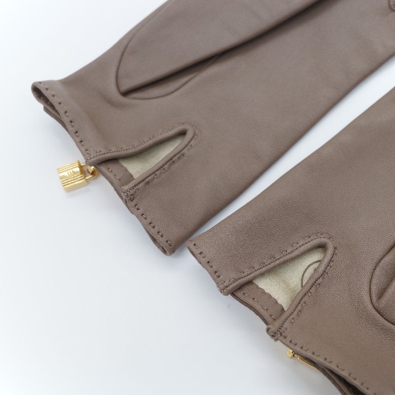 Hermès 愛馬仕 Soya 棕色亮面小羊皮金色凱莉飾扣手套-4