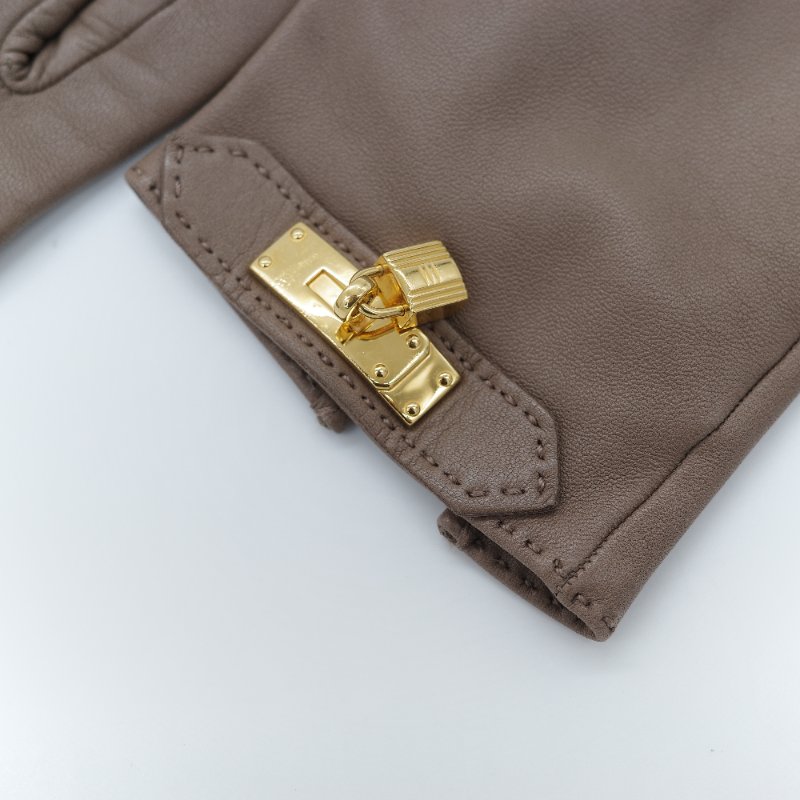 Hermès 愛馬仕 Soya 棕色亮面小羊皮金色凱莉飾扣手套-6