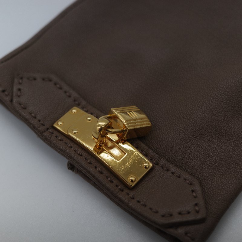 Hermès 愛馬仕 Soya 棕色亮面小羊皮金色凱莉飾扣手套-7