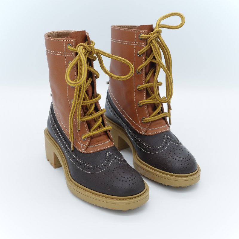 Chloé 蔻依 Franne 赭石色 棕色小牛皮雕花 拼接色 踝靴 EU36-1