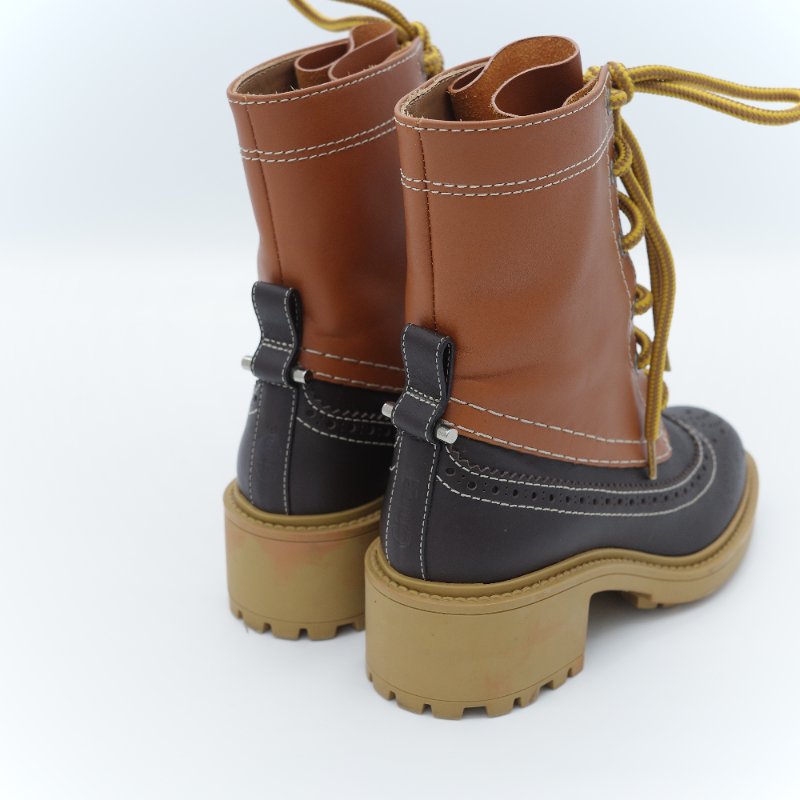 Chloé 蔻依 Franne 赭石色 棕色小牛皮雕花 拼接色 踝靴 EU36-2