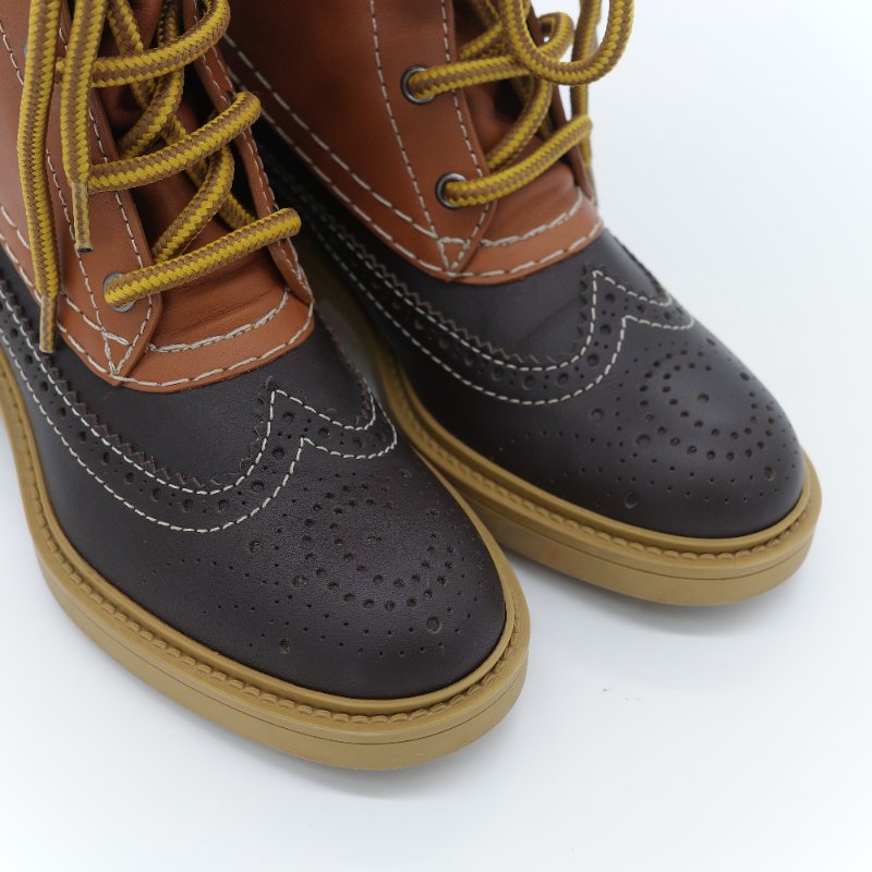 Chloé 蔻依 Franne 赭石色 棕色小牛皮雕花 拼接色 踝靴 EU36-3