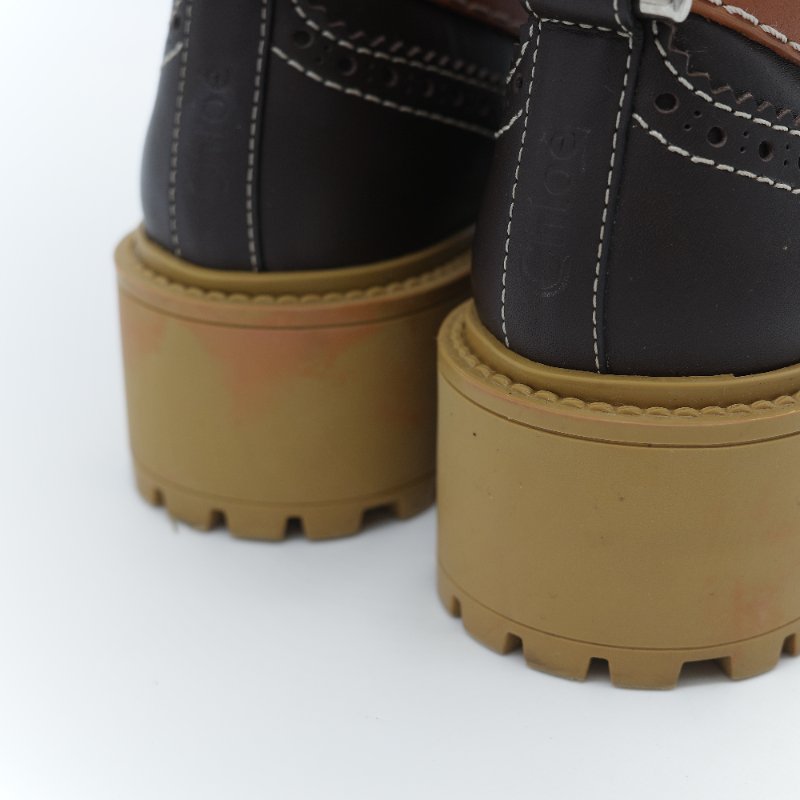 Chloé 蔻依 Franne 赭石色 棕色小牛皮雕花 拼接色 踝靴 EU36-6